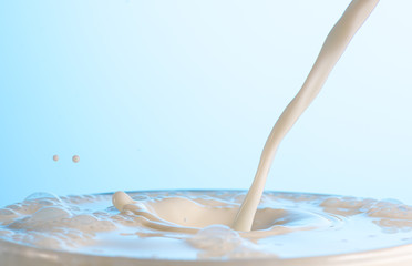 splash on the surface of white milk on a blue background