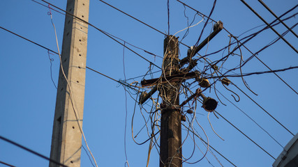 Messy electrical cables in city