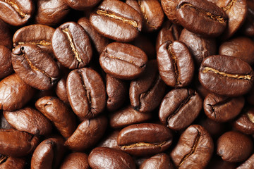   Coffee beans close-up. Top view. Place for text.