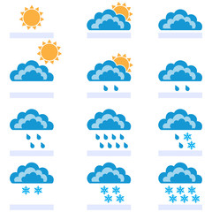 Symbols of the sun, clouds, rain and snow. Infographic elements for weather forecast, icon set. Vector illustration.