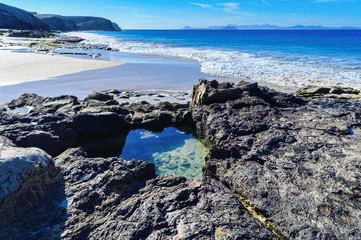 Rockpool full of fish in Playa de la Cera beach, blue sea, yellow sand, cliffs. Papagayo, Playa Blanca, Lanzarote, Canary Islands. VIew of Fuerteventura on the background, selective focus