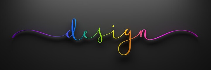 Fototapeta na wymiar 3D Render of rainbow-colored DESIGN brush calligraphy on dark background
