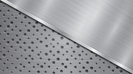 Background in silver and gray colors, consisting of a perforated metallic surface with holes and one big polished plate located in diagonal, with a metal texture, glares and shiny edge
