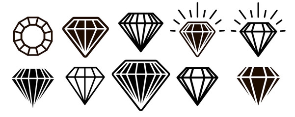 Diamond icon set. Set of diamonds in a flat style and linear style isolated on white background.  Vector illustration. 