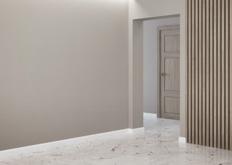 Hallway Modern interior of an empty room using wooden blocks. 3D rendering.