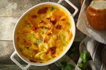 Potato Gratin / Scalloped potatoes close up, selective focus