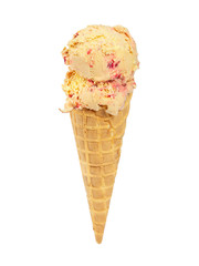 Banana cherry ice cream in waffle cone isolated on white