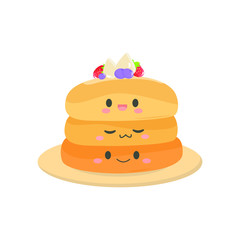 Vector illustration with cute kawaii pancakes. Cartoon happy pancakes with fruit for breakfast. Isolated on a white background.