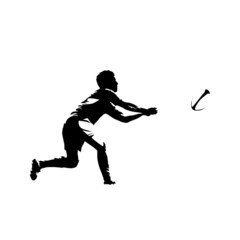 Rugby player passing ball, isolated vector silhouette. Ink drawing. Throwing ball