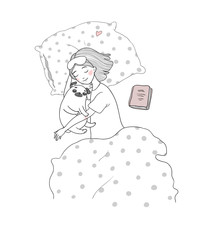 Sleeping beautiful young girl and a cute pugs. Funny Favourite pet puppy under blanket. Vector