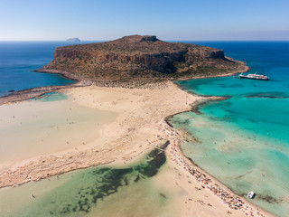 Top view of Balos bay in Crete, the Mediterranean Sea and clear azure water in the frame. Aerial...