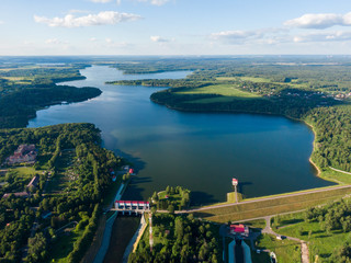 Aerial photo of a huge water reservoir, Istra district, Russia. In the frame, a bridge and...