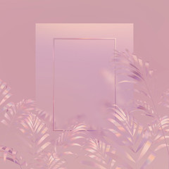 Beauty fashion 3d background with rectangle frame on a tropical leaves. holographic iridesence texture. pink neon light.