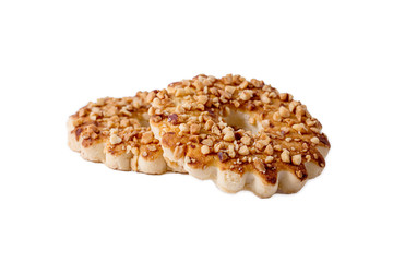 Round cookies with nuts on a white background
