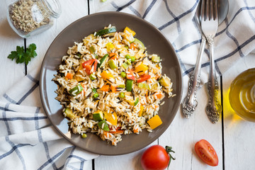 Rice with mixed vegetables, healthy vegetarian food