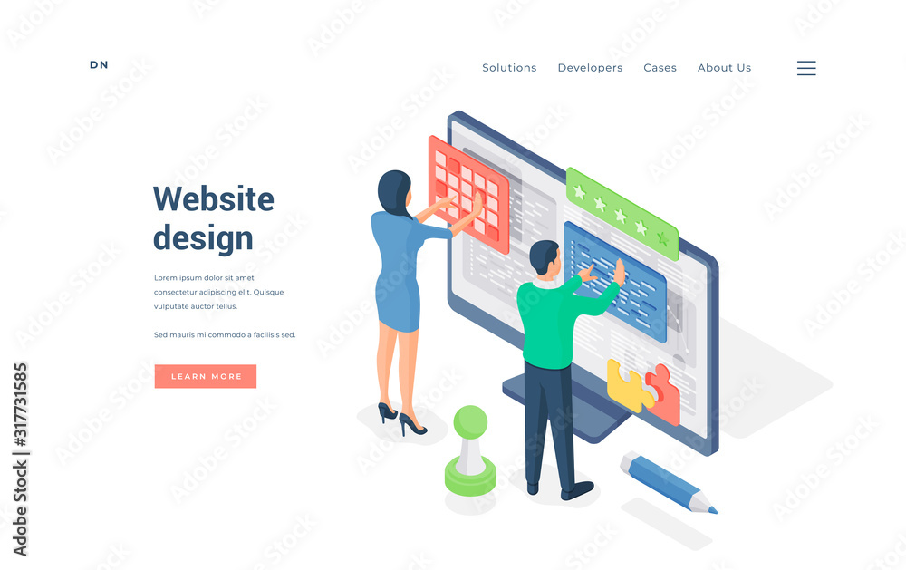 Sticker designers working on website ui. isometric vector illustration
