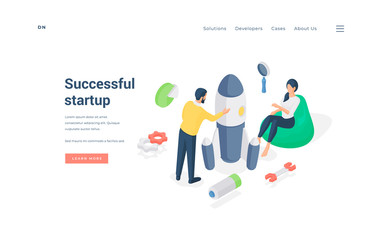 People launching successful startup project. Isometric vector illustration