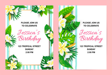 Invitations with jungle leaves, tropical flower plumeria. Vector illustration summer templates. Place for text. Great for SPA flyer, beauty offer, wedding, poster, baby shower, bridal shower.