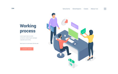 Working process in modern office. Isometric vector illustration
