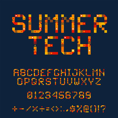 Summer Tech Pixel Font. Vector Pixel Art Alphabet. Hot orange Letters Consist of Modules. Letters from Strips, squares and dots. Geometric Alphabet for Posters like electronic scoreboard.