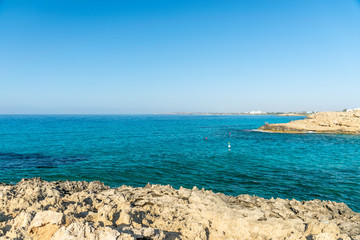 Fototapeta na wymiar One of the most popular beaches in Cyprus is Nissi Beach, as well as its surroundings.