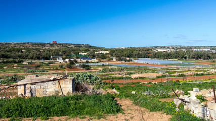 Fototapeta premium Maltese countryside in sunny winter day with vegetable greenhouses and arable land for growing crops
