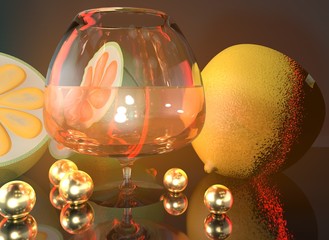 3d render illustration of lemon lime half cognac glass and gold balls art still life