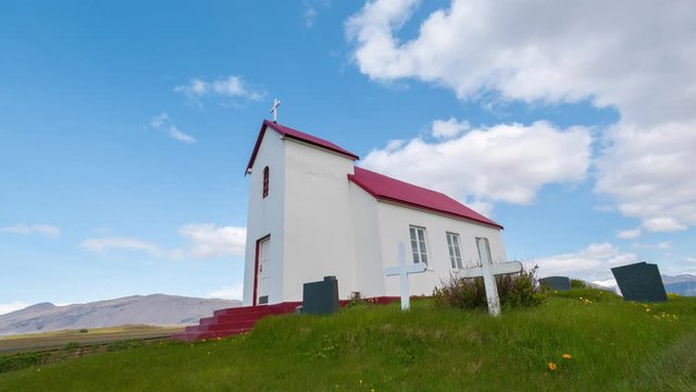 Timelapse of little chapel in Brunnholl, Iceland