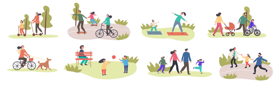 Set of eight different family activities in spring with children and parents, riding bicycles, using scooters, exercising, walking in park, walking dog, playing in groups, colored vector illustration