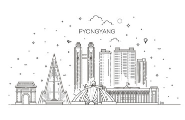 North Korea, Pyongyang line skyline vector illustration
