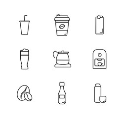 drinks vector icon set with coffee, beer, milk, soda line icons