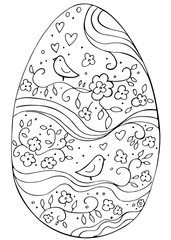 Hand drawn Easter egg with doodle ornament on white background. Vector. Cartoon Egg drawing. Spring holiday card. Perfect for coloring book, print, greeting card.