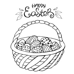 Hand drawn basket with colored eggs on white background. Happy Easter. Vector. Spring holiday card. Perfect for coloring book, print, greeting card.