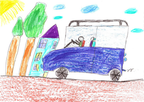 Drawing of the buildings and cars. City road in childish style
