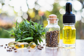A bottle of hemp oil, seeds and leaves, natural herbs, medical marijuana concepts, CBD hemp oil, hemp products, medicine