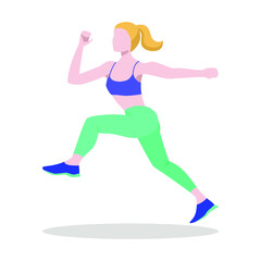 Fototapeta na wymiar Running woman, woman jogging. Healthy lifestyle. Girl doing training. Flat vector concept illustration on white background. Side view. 