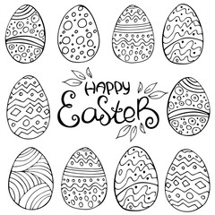 Hand drawn frame of Easter eggs with doodle ornament on white background. Happy Easter. Vector. Cartoon Egg drawing. Spring holiday card. Perfect for coloring book, print, greeting card.