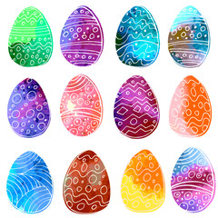 Watercolor easter eggs with doodle ornament on white background. Vector illustration. Spring holiday card. Perfect for greeting card, invitation, postcard, print.