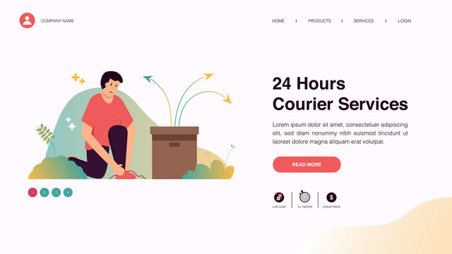 Web page design with business or finance concept for website and mobile website development. Website template design for courier delivery service. Able to edit or customize.