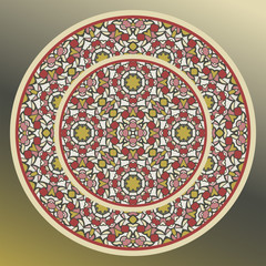 Creative color abstract geometric pattern in gold and red, vector seamless.  Decorative plate and mandala for interior design. Home decor. porcelain design.