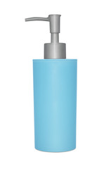 Blue soap bottle dispenser isolated on white background