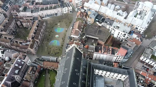 Aerial top down shot of st.paulus cathedral church and residential area beside river