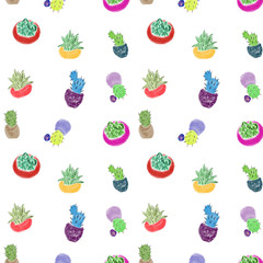 Seamless pattern with succulents in colorful pots on white background. Succulents and cactus. gardening. Home plants. Print, packaging, fabric, wallpaper design