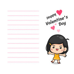 little cute girl in happy pose, kawaii mascot character for note, card or letter in valentine day concept, cartoon vector illustration