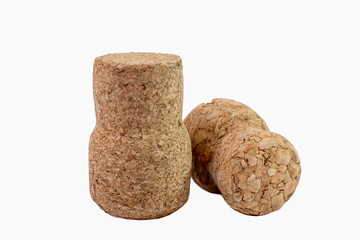 Two champagne corks on white background close-up