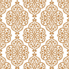 Gold and white damask seamless pattern. Vintage, paisley elements. Traditional, Turkish motifs. Great for fabric and textile, wallpaper, packaging or any desired idea.