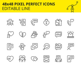 Editable Icons - Romantic Relationship and Love. Includes Amour, Gift, Emotions, etc. Pixel Perfect 48x48, Scaled Set. Vector.