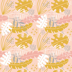 Fototapeta premium Cute Abstract Flowers Seamless Pattern with Hand Drawn Palm Leaves. Scandinavian Illustration Invitation , Notebook, Banner, Wrap Paper, Textiles, Cover, Postcard, Interior, Fashion
