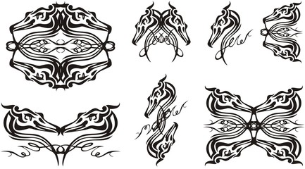 Elegant ornate black and white bird symbols. Abstract bird head with artistic line and double ornamental bird symbols for your design