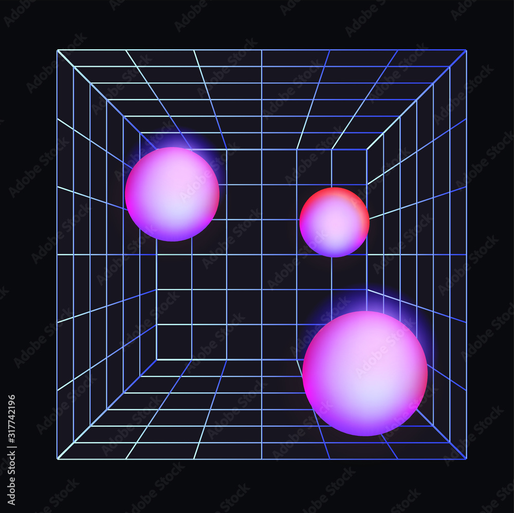 Poster laser grid with glowing neon spheres on dark background. vaporwave and synthwave style illustration.